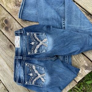 Miss Me Blue Straight Leg Jeans with Embellished Pockets